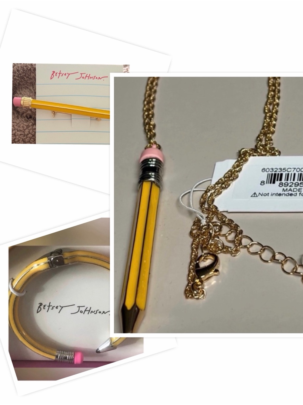 Betsey Johnson Yellow Pencil Necklace, Bracelet and Brooch